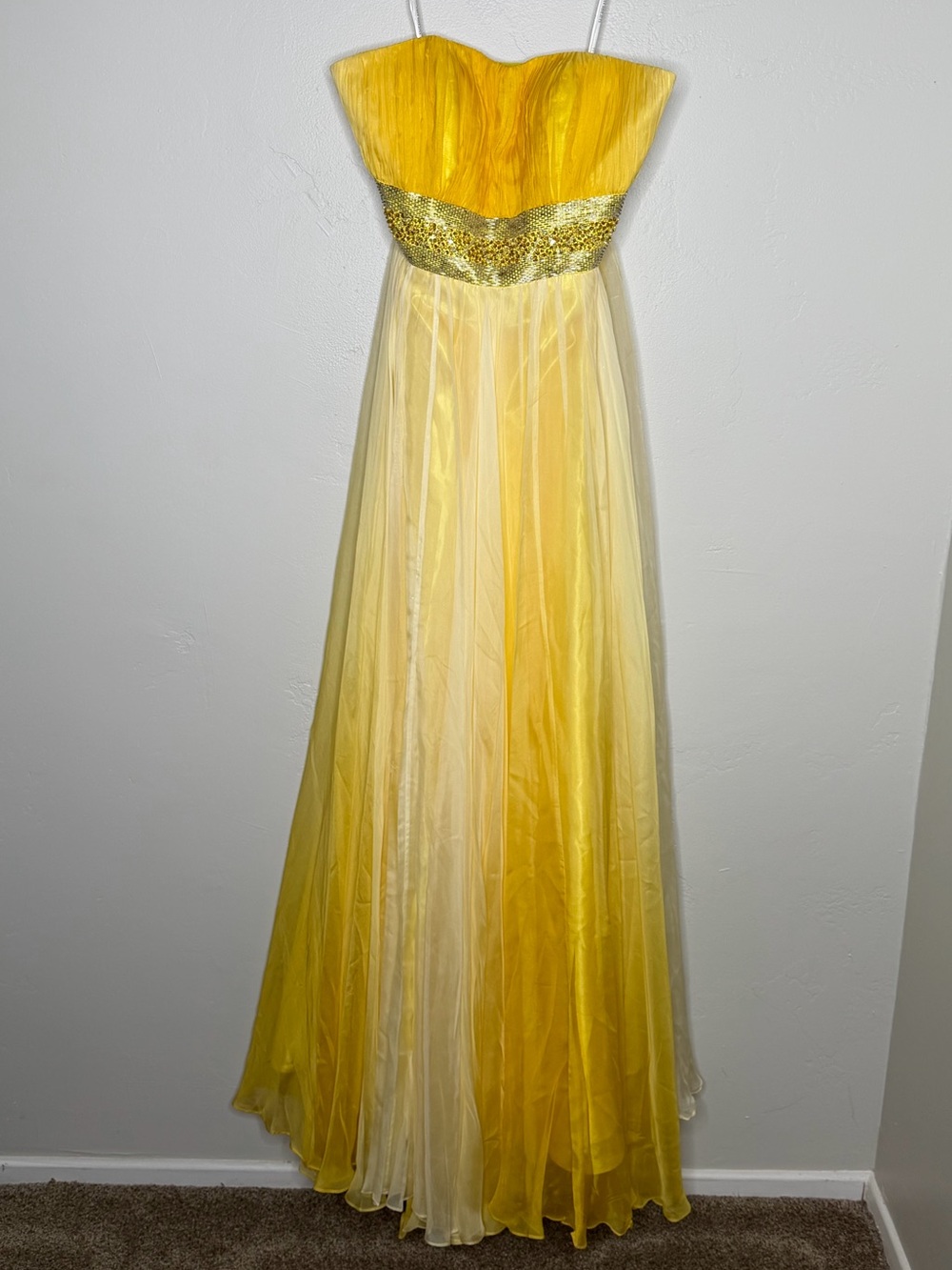 Sherri Hill Silk Yellow Ombre Beaded Strapless Prom Gown